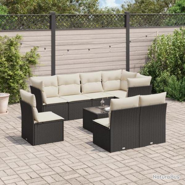 Salon de jardin 9 pcs avec coussins noir rsine tresse