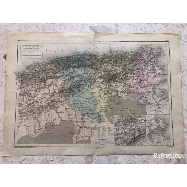 PLAN 1886 gographique couleur ALGERIE TUNISIE carte physique politique, extrait Atlas Drioux Leroy