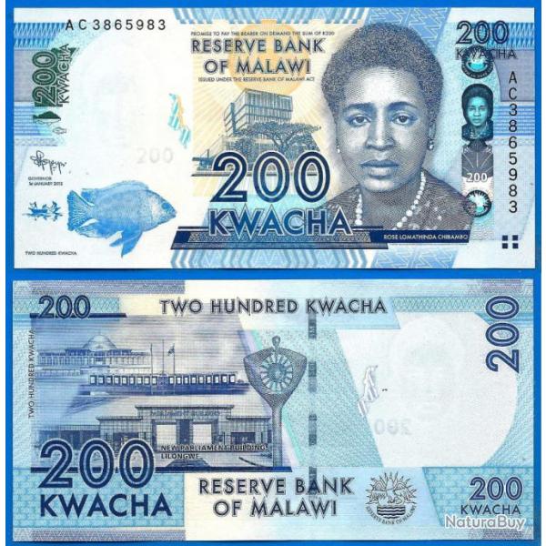 Malawi 200 Kwacha 2012 NEUF Kwachas Billet Parlement - Monnaies (12148282)