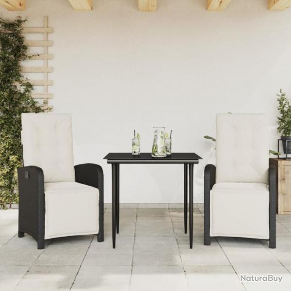 Ensemble de bistro 3 pcs avec coussins noir rsine tresse