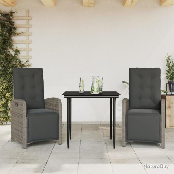 Ensemble de bistro 3 pcs avec coussins gris rsine tresse