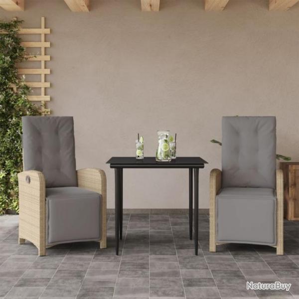 Ensemble de bistro 3 pcs avec coussins beige rsine tresse