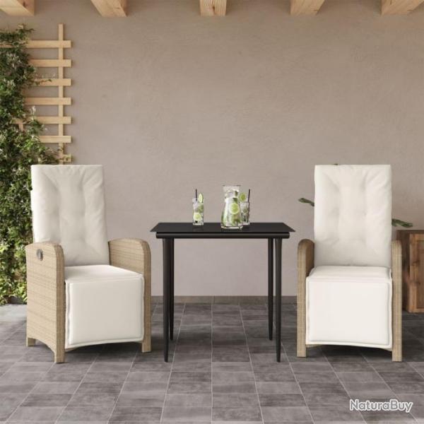 Ensemble de bistro 3 pcs avec coussins beige rsine tresse