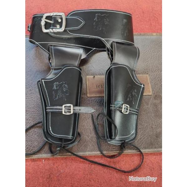 CEINTURON NOIR CUIR AVEC 2 HOLSTERS