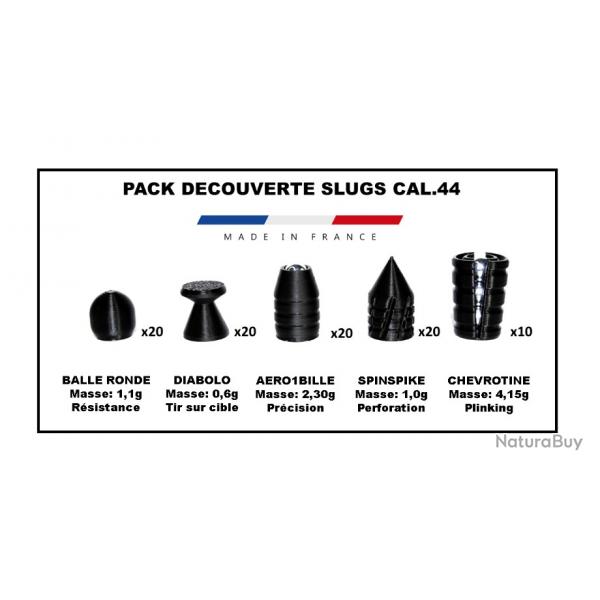 PACK DECOUVERTE SLUGS CALIBRE .44 Poudre noire (5 modles de SLUG - lot de 90 Slugs)