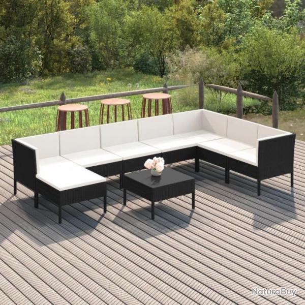 Salon de jardin 9 pcs avec coussins Rsine tresse Noir