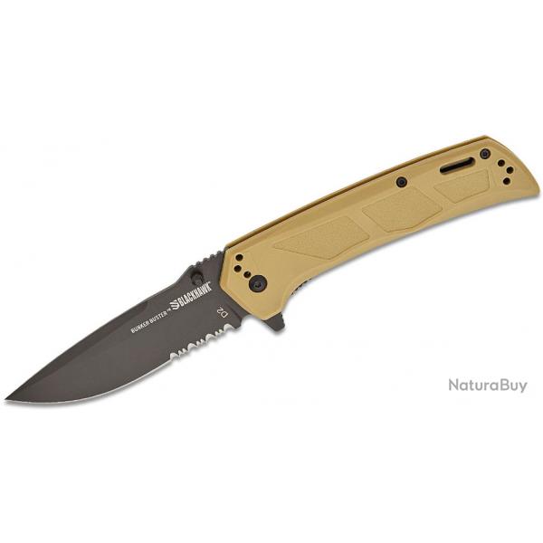 Couteau BLACKHAWK! Bunker Buster Tan Manche GFN Lame Acier D2 Black Drop Point Serr Clip BHBB411TN