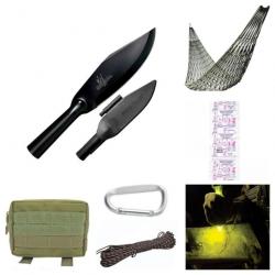 Lot: couteau cold steel bushman, hamac, aquatabs,  paracorde,  pochette,  cyalumes, mousqueton
