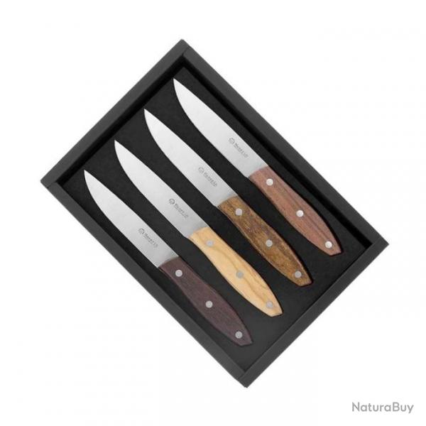 Coffret 4 couteaux steak "Stakni", Manche bois assortis [Maserin]