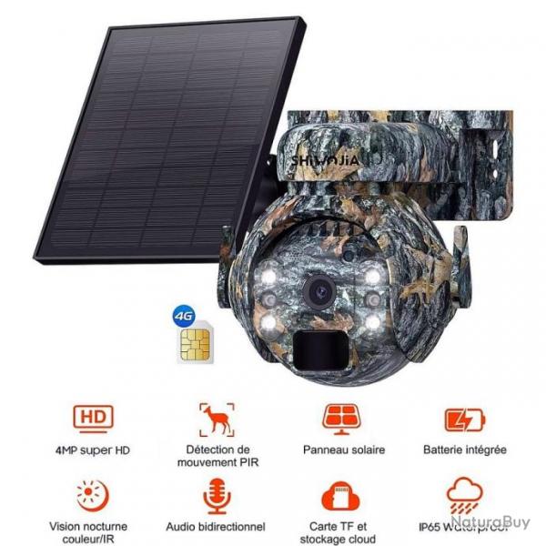 Camra de Chasse Solaire 4MP Connection 4G PTZ 360 Extrieure Camouflage Batterie Vision Nocturne