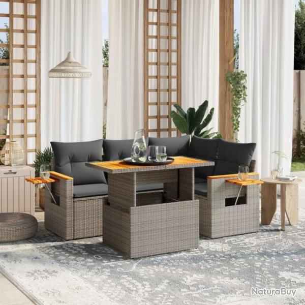 Salon de jardin 5 pcs avec coussins gris rsine tresse