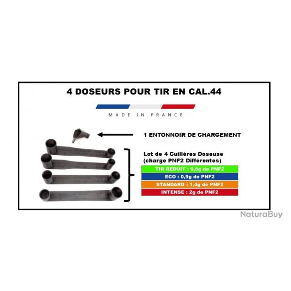 4 Cuillres doseuse, double dosette, Poudre noire / semoule pour Cal. 44 et 1 Entonnoir