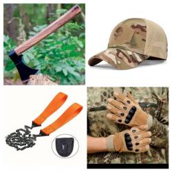 Lot Bushcraft : Hache / tomahawk , scie compacte , Paire de gants renforcée , Casquette