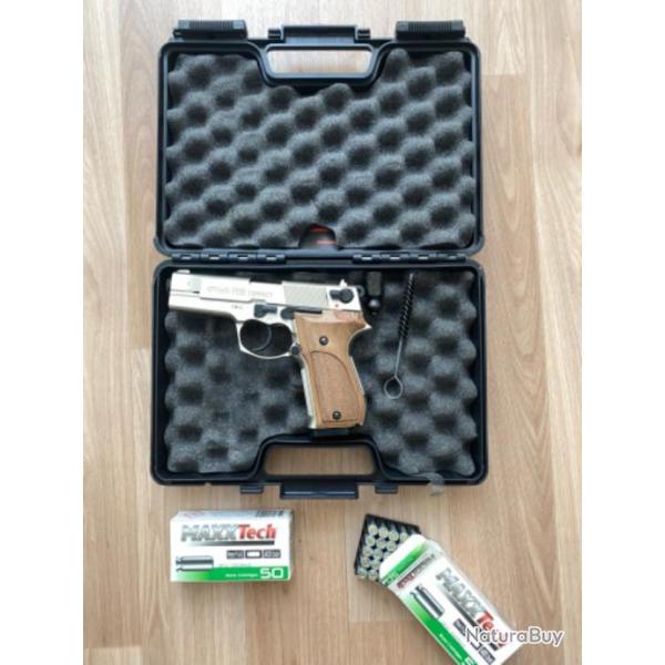 P88 Compact nickel avec plaquette de crosse en bois umarex 9mm pak + 100 cartouches 9mm PAK