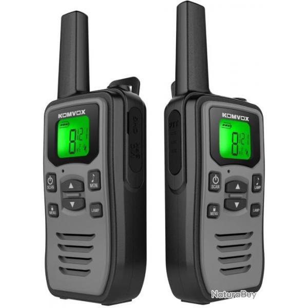 Talkie Walkie 16 Canaux VOX LED 142 Codes CTCSS Longue Porte Rechargeable Randonne Chasse Gris