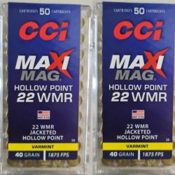 2 boites de 50 munitions CCI 22WMR Varmint Maxi Mag HP