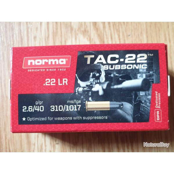 .22lr sub sonic Norma tac 22 40gr - lot 100 pcs / 2 botes