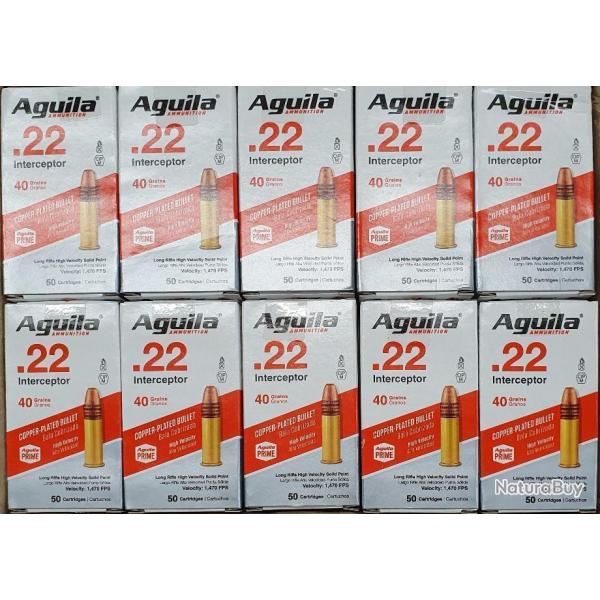 100 cartouches AGUILA de 22 LR modle INTERCEPTOR HV (448 m/s)  balle cuivre de 40 grs