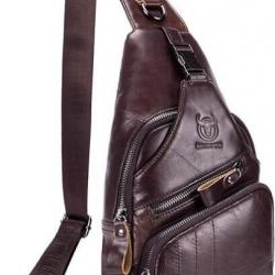 Sac à Main à Bandoulière pour Homme Sacoche de Poitrine Cuir Véritable Vintage Marron