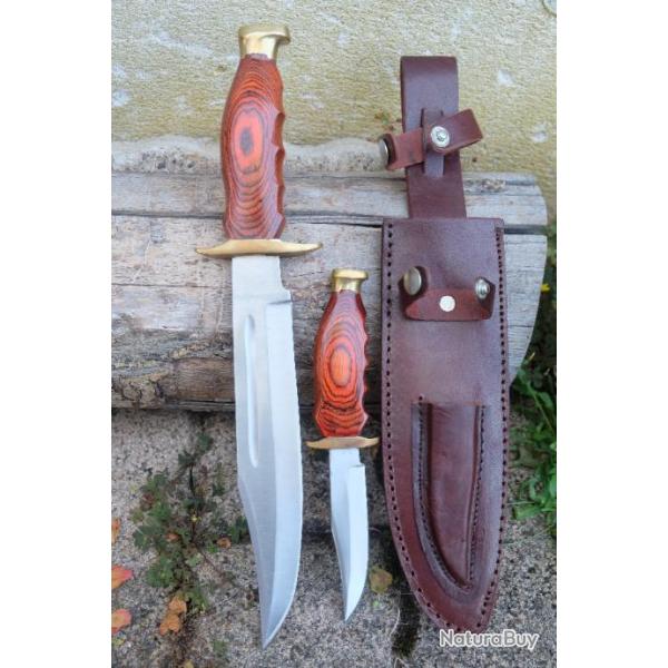 Set de 2 Couteaux De Chasse Twin Hunter Lames Acier Inox Manche Bois Etui Cuir 3192