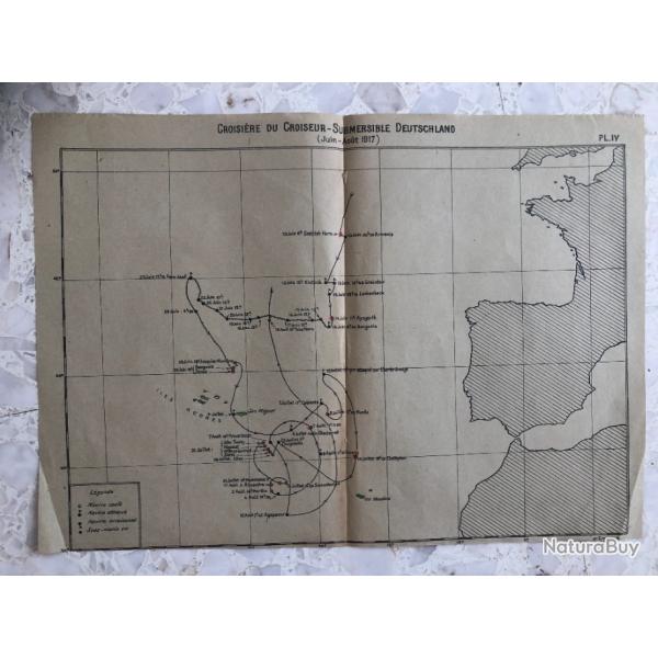 Carte itinraire CROISIERE CROISEUR-SUBMERSIBLE DEUTSCHLAND 1917, MARINE 1 guerre, Ocan Atlantique