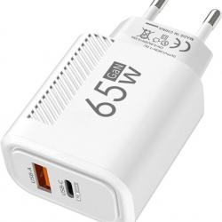 Chargeur GaN 65W USB Type C  Charge Rapide 3.0  Adaptateur Téléphone Portable Blanc