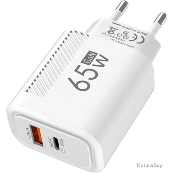 Chargeur GaN 65W USB Type C  Charge Rapide 3.0  Adaptateur Tlphone Portable Blanc