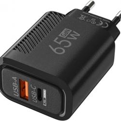 Chargeur GaN 65W USB Type C  Charge Rapide 3.0  Adaptateur Téléphone Portable Noir