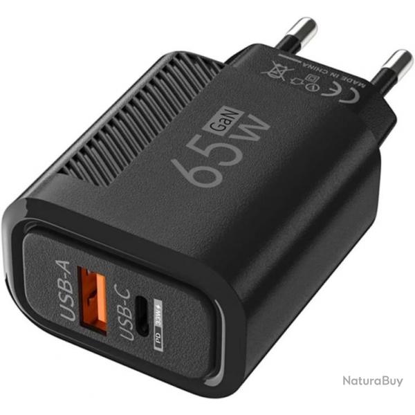 Chargeur GaN 65W USB Type C  Charge Rapide 3.0  Adaptateur Tlphone Portable Noir