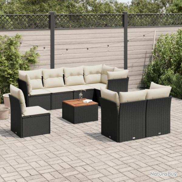 Salon de jardin 9 pcs avec coussins noir rsine tresse