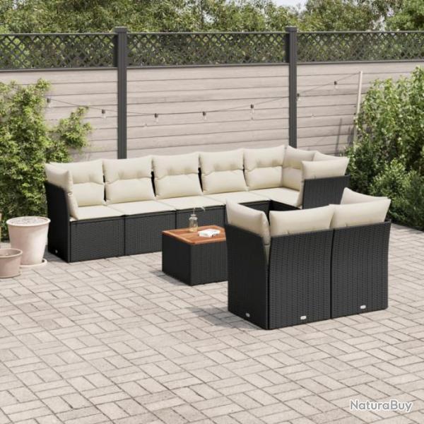 Salon de jardin 9 pcs avec coussins noir rsine tresse