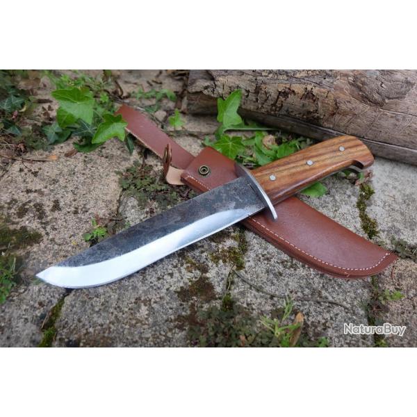 Buchcraft Couteau De Chasse Survie Bowie Lame Acier Carbone 1075 Etui Cuir Manche Bois F Artisanale