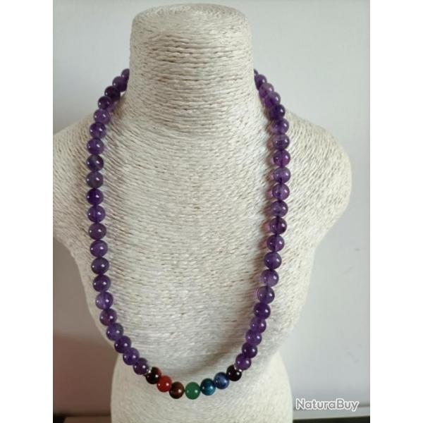 Collier en pierre naturelle Amthyste / 7 CHAKRAS PERLES 8 MM avec crin Dimension : 45 cm