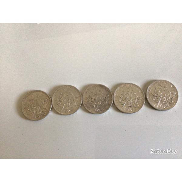 lot de 5 pieces de 5 francs semeuse ARGENT