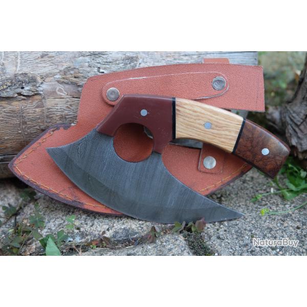 Couteau d'Esquimau Inuit Ulu Lame Acier Damas 256 Couches Manche Bois/Rsine Etui Fabr Artisanale