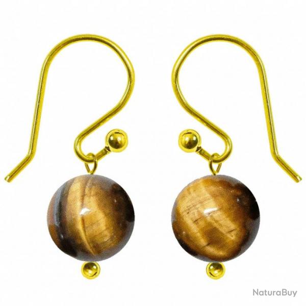 Boucles d'oreilles pendantes dores perle oeil de tigre