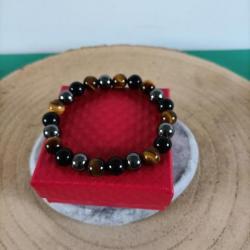 Bracelet perles 10 mm Hématite /Tourmaline/Oeil de tigre avec écrin Réf: N305