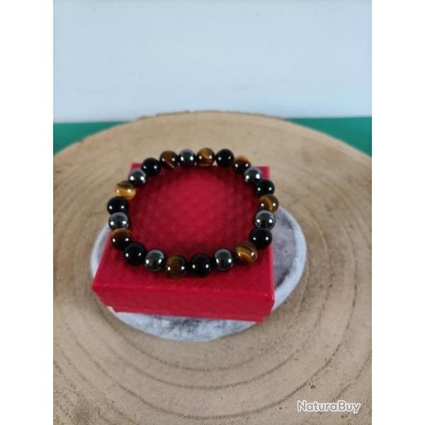 Bracelet perles 10 mm Hmatite /Tourmaline/Oeil de tigre avec crin Rf: N305