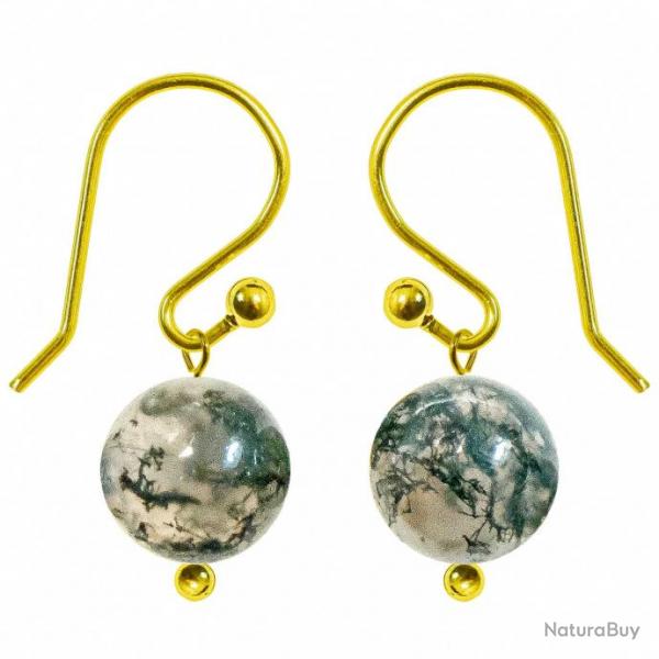 Boucles d'oreilles pendantes dores perle agate mousse