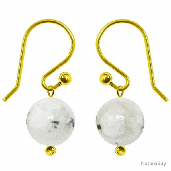 Boucles d'oreilles pendantes dores perle pierre de lune blanche