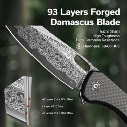 Couteau CIVIVI Nugz Damas Manche CarbonFiber/G10 Lame Tanto Reverse IKBS Linerlock Clip CIVC23060DS1