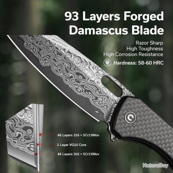 Couteau CIVIVI Nugz Damas Manche CarbonFiber/G10 Lame Tanto Reverse IKBS Linerlock Clip CIVC23060DS1