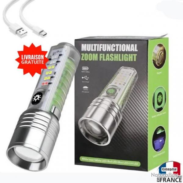 Lampe torche  main de poche rechargeable sur USB puissante forte Leds zoom Led + UV