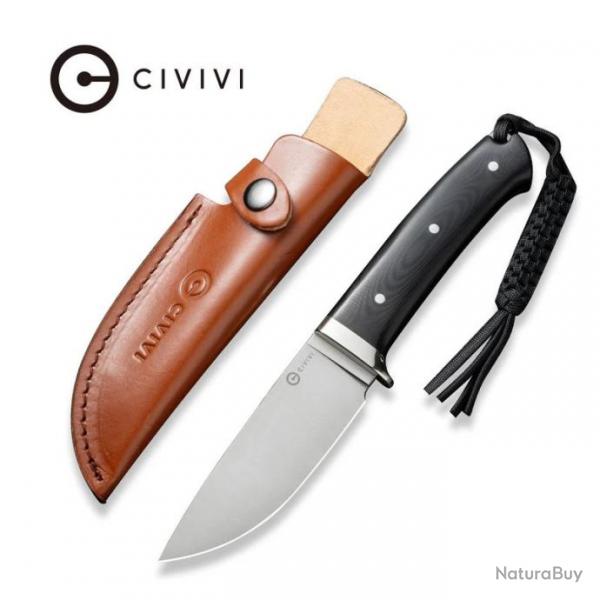 Couteau CIVIVI Cloud Peak Black Manche G10 Lame Drop Point Satin Acier Nitro-V Etui Cuir CIVC230441