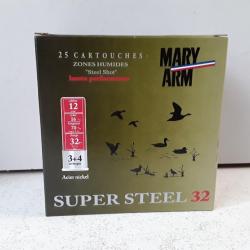 9931A  1 BOITE DE 25  CARTOUCHES ACIER MARY ARM SUPER STEEL 32 CAL12 CH70 32G PLOMBS 3+4 NEUF