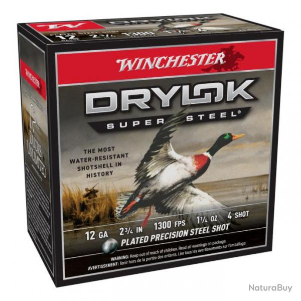 BOITE DE 25 CARTOUCHES WINCHESTER DRYLOK SUPER STEEL ACIER 35G BOURRE JUPE CAL.12/76 PLOMB 3 ACIER