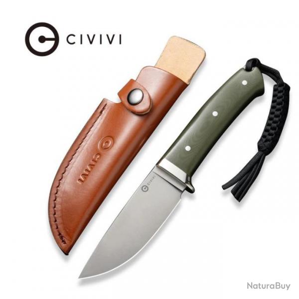 Couteau CIVIVI Cloud Peak Green Manche G10 Lame Drop Point Satin Acier Nitro-V Etui Cuir CIVC230442