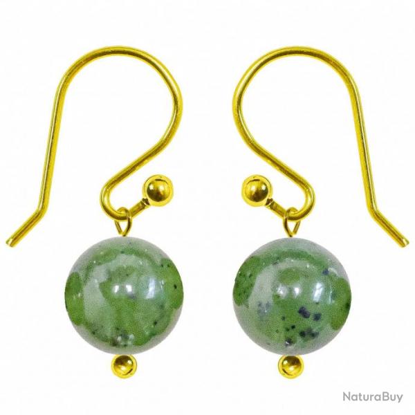 Boucles d'oreilles pendantes dores perle jade nphrite