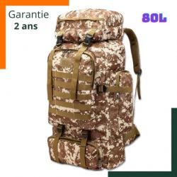 Sac à dos tactique 80 L - Grande capacité - Imperméable - Camouflage désert - Garantie 2 ans