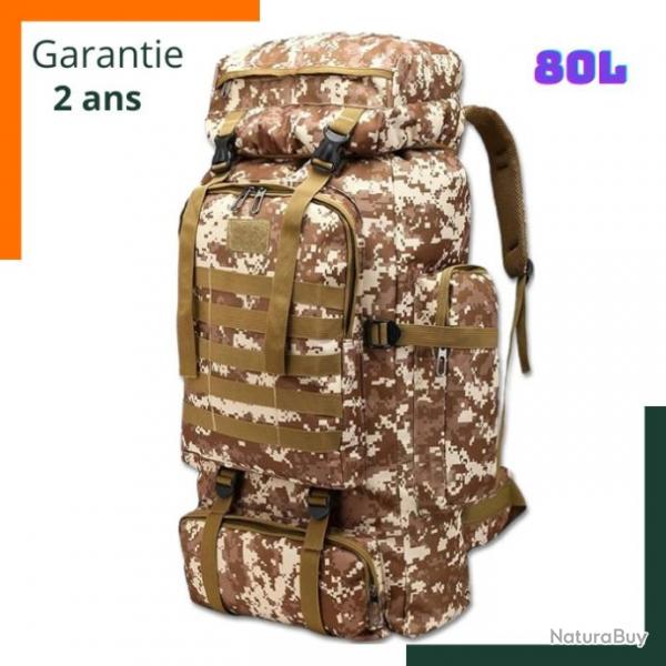 Sac  dos tactique 80 L - Grande capacit - Impermable - Camouflage dsert - Garantie 2 ans